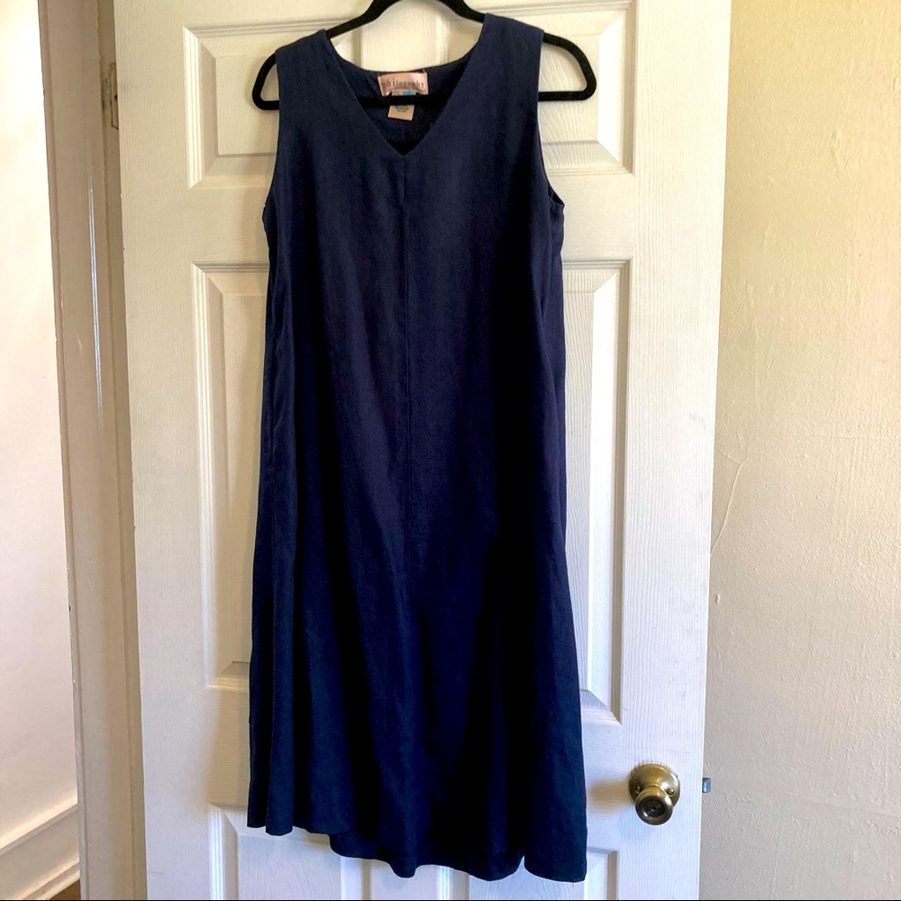 Womens SzS Philosophy Dress Navy blue Sleeveless Linen Unlined midi v-neck dress